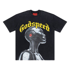 Black Godspeed Metallic Robot Graphic Oversized Short Sleeve T‑Shirt Men Streetwear Tee