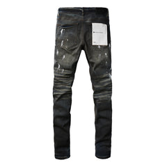 Mens Purple Ripped Jeans Stylish Slim Fit Black Paint High Street Denim Pants 9036