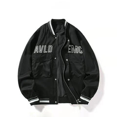Black Multi‑Pocket Letter Embroidered Varsity Jacket