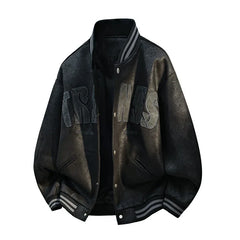 Black Faux Leather Varsity Jacket With Embroidery