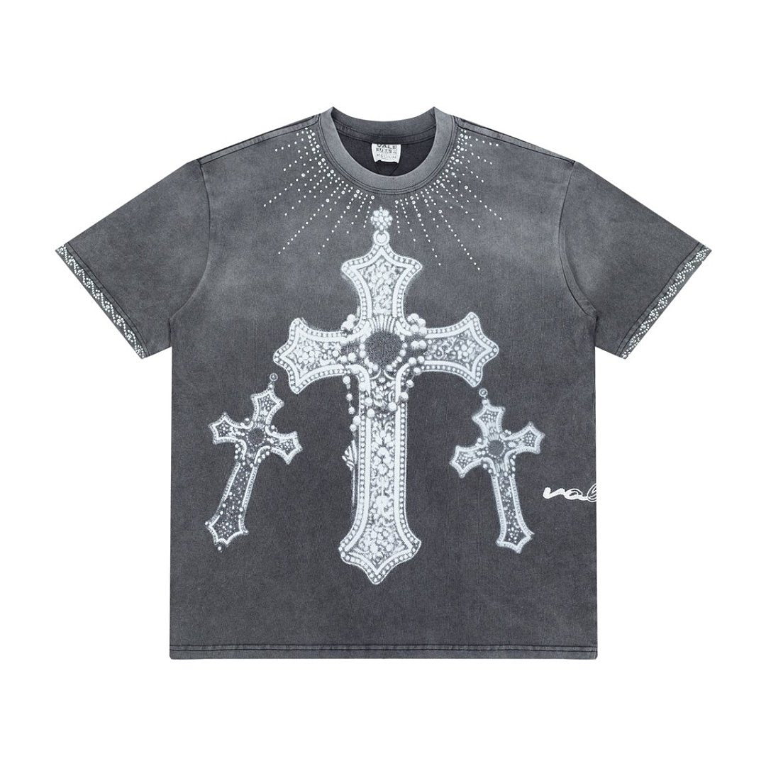 Retro Washed Bling Cross Graphic Tee Oversized Gothic Underground Streetwear T‑Shirt