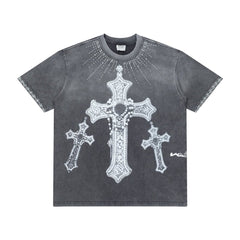 Retro Washed Bling Cross Graphic Tee Oversized Gothic Underground Streetwear T‑Shirt