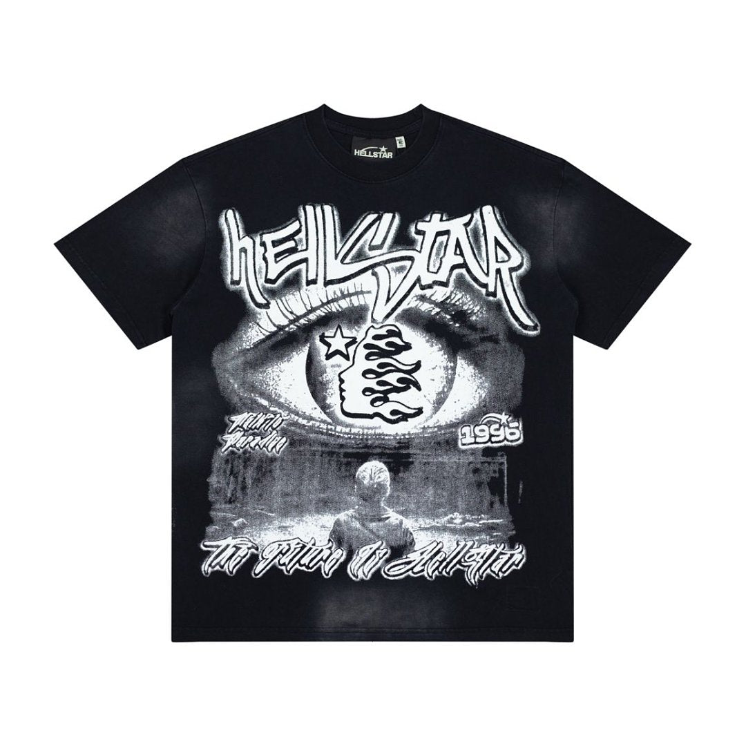 Vintage Black Bleached Star‑Flame Print Short‑Sleeve Loose Men’s Tee