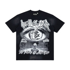 Vintage Black Bleached Star‑Flame Print Short‑Sleeve Loose Men’s Tee