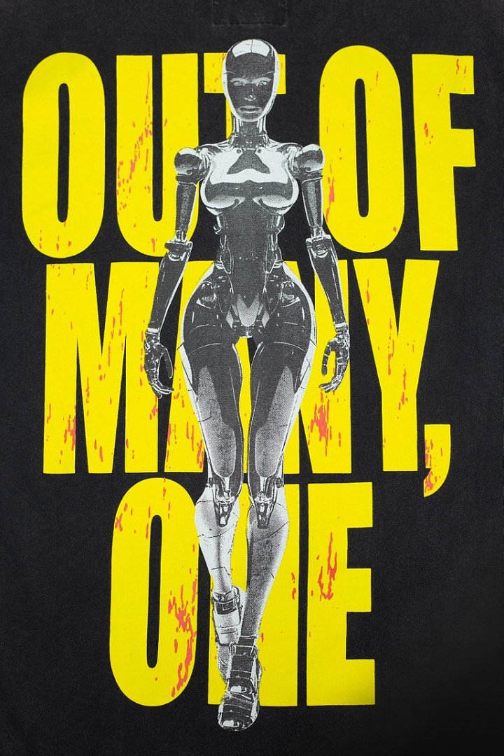 Black Godspeed Metallic Robot Graphic Oversized Short Sleeve T‑Shirt Men Streetwear Tee