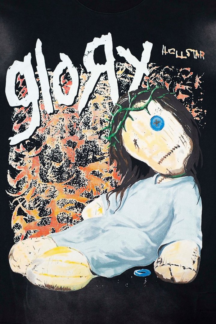 Retro Faded Washed Glory Doll Skull Graphic Tee Oversized Y2K Streetwear T‑Shirt for Men