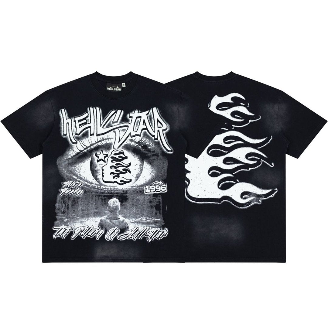 Vintage Black Bleached Star‑Flame Print Short‑Sleeve Loose Men’s Tee