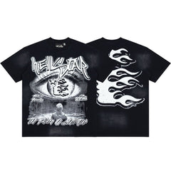 Vintage Black Bleached Star‑Flame Print Short‑Sleeve Loose Men’s Tee