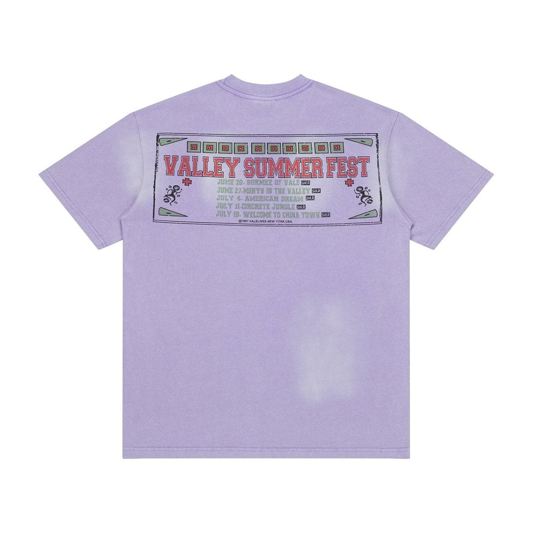 Men Light Purple Washed Portrait Print T‑Shirt Loose Fit Retro Street Short Sleeve Top
