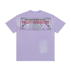 Men Light Purple Washed Portrait Print T‑Shirt Loose Fit Retro Street Short Sleeve Top