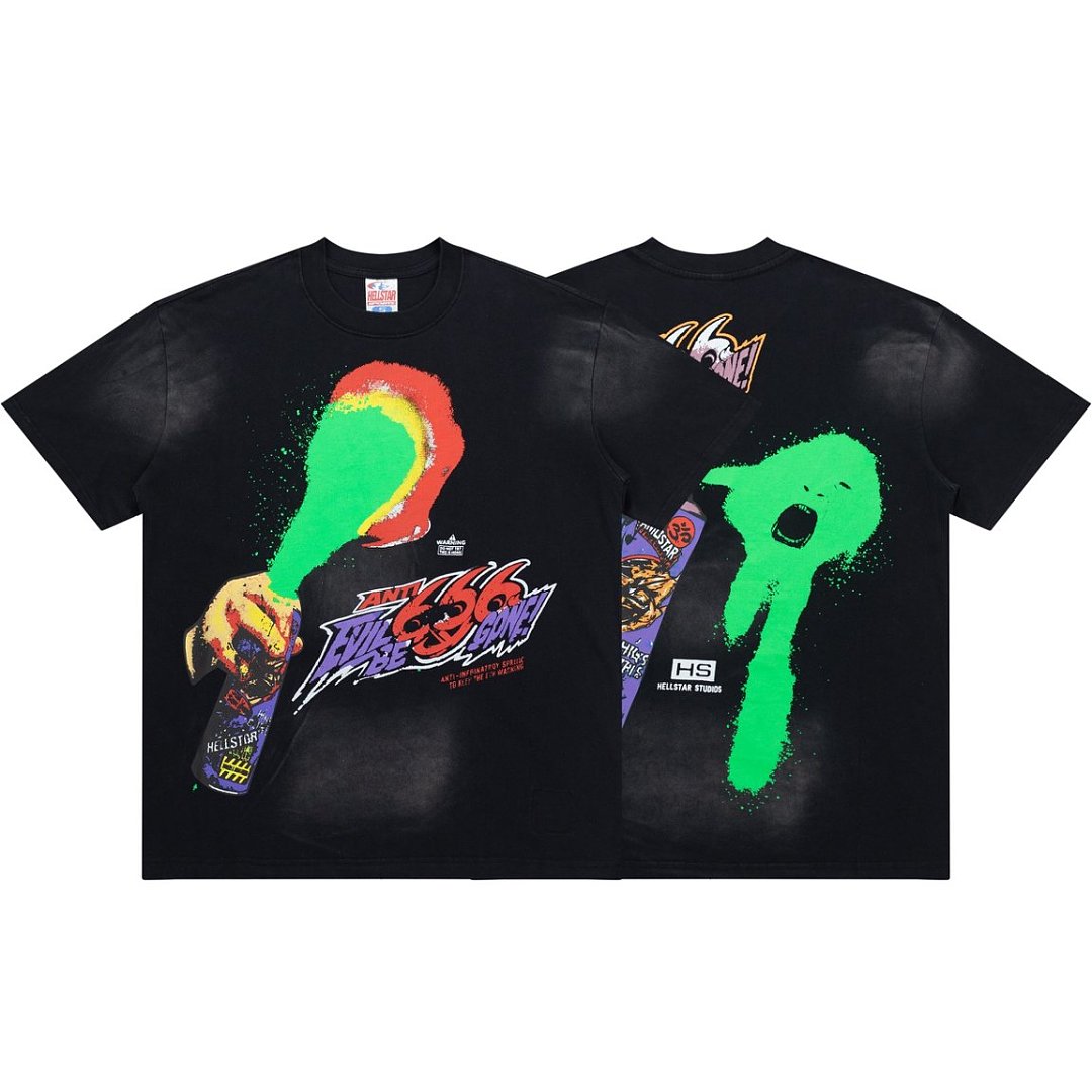 Vintage Black Spray‑Can Graphic Short Sleeve Street‑Wear T‑Shirt