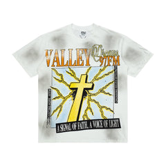 Men White Smudge‑Wash Cross Print T‑Shirt Loose Fit Retro Street Short Sleeve Top