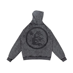 Street Style Distressed Wash Graphic Full Zip Hooded Jacket