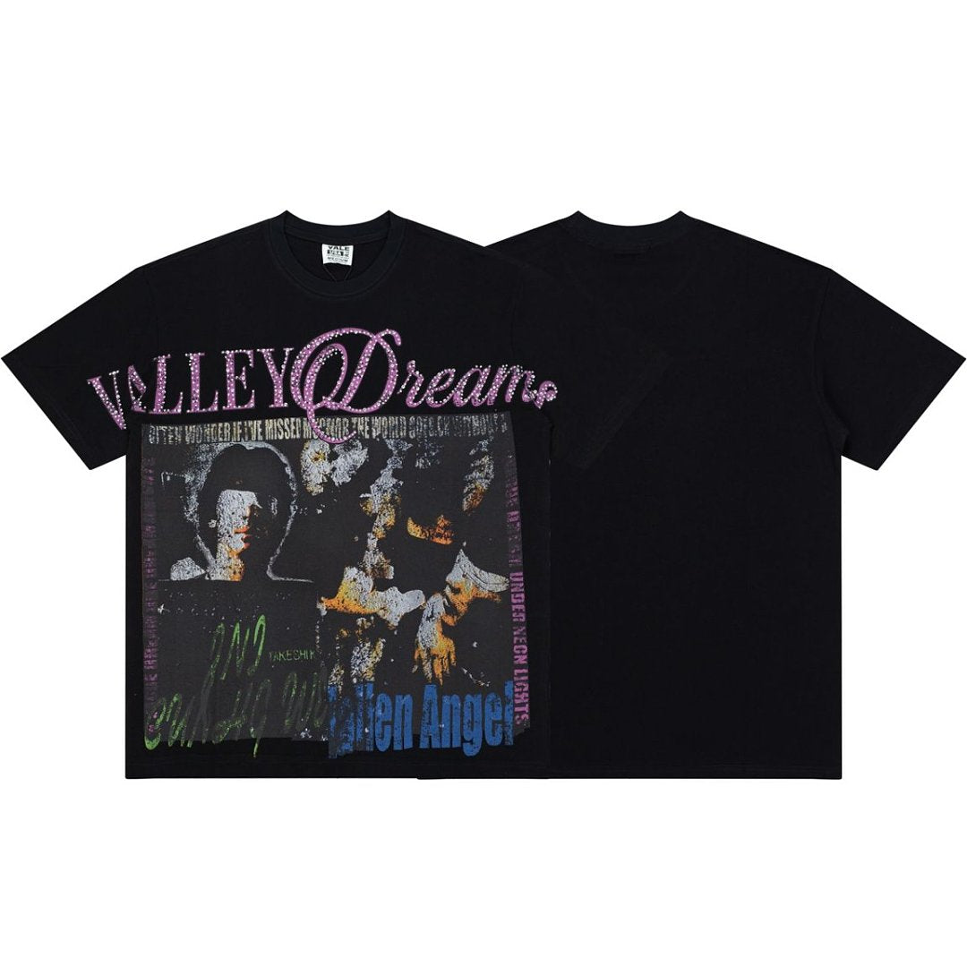 Men Retro Portrait Letter Print T‑Shirt Loose Fit Gothic Street Short Sleeve Top