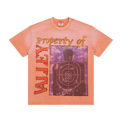 Men Orange Fade Wash Target Print T‑Shirt Loose Fit Retro Street Short Sleeve Top