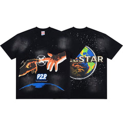 Retro Space Planet Print Distressed Short Sleeve Street Tee