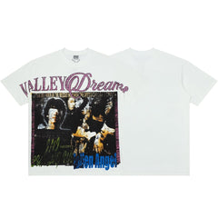 Men White Vintage Collage Portrait Print T‑Shirt Loose Fit Street Short Sleeve Top