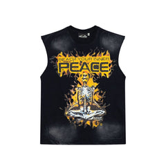 Peace Flame Skull Graphic Double‑Sided Vintage Black Sleeveless Tank Top