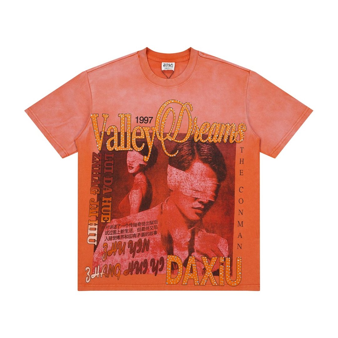 Men Orange Faded Wash Portrait Graphic T‑Shirt Loose Fit Retro Street Short Sleeve Top
