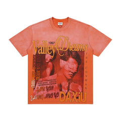 Men Orange Faded Wash Portrait Graphic T‑Shirt Loose Fit Retro Street Short Sleeve Top