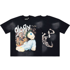 Retro Faded Washed Glory Doll Skull Graphic Tee Oversized Y2K Streetwear T‑Shirt for Men