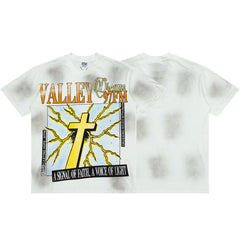 Men White Smudge‑Wash Cross Print T‑Shirt Loose Fit Retro Street Short Sleeve Top
